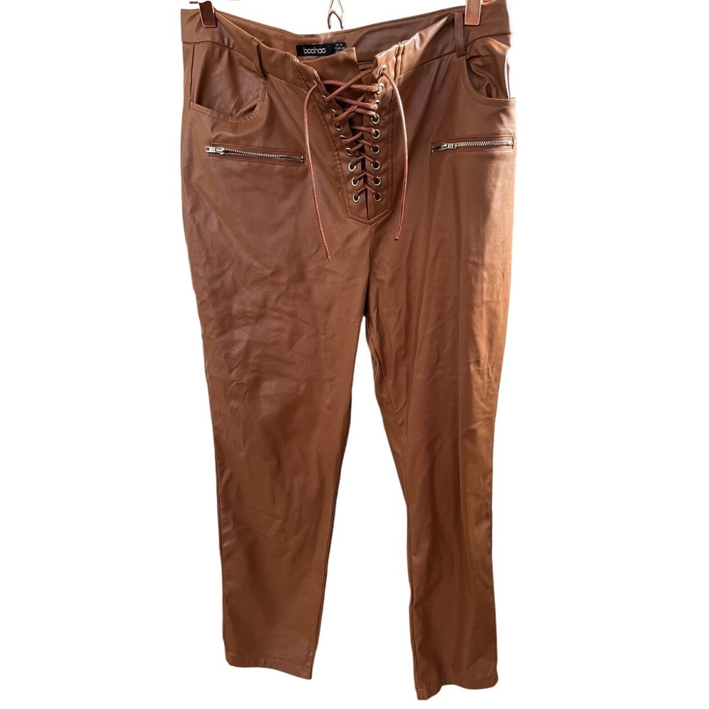 Boohoo Faux Leather Lace Up Front Pants Brown‎ Women's Size 10 - Picture 2 of 4